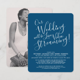 Blaues Foto live Streaming Hochzeit Einladung