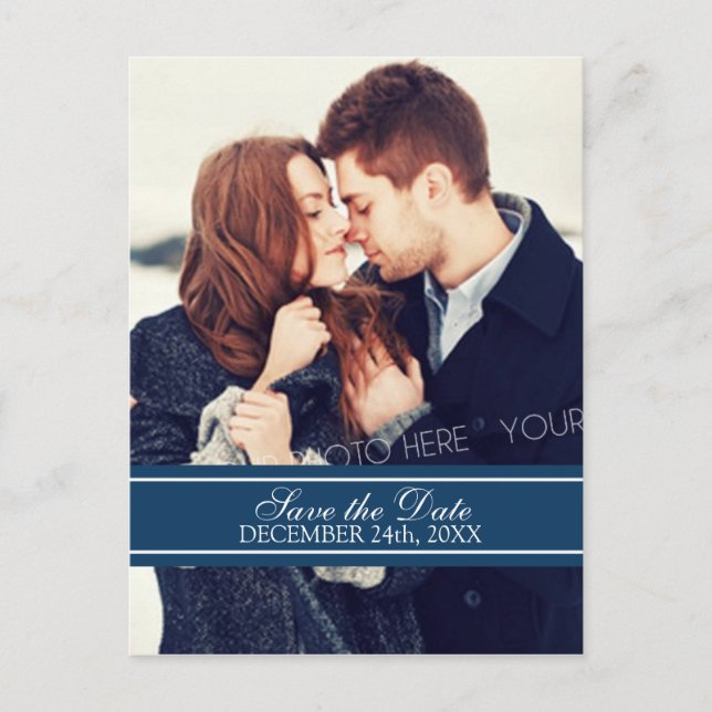 Blaues Foto Save the Date Winterhochzeitkarten Ankündigungspostkarte (Vorderseite)