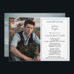 Blaues Foto | Star von David Bar Mitzvah Einladung<br><div class="desc">Ein silberfarbener Gradient Star of David mit schlichten duskyblauen Text- und Kontur-Akzenten verleiht diesem Foto ein schlichtes, schlichtes, klassisches und elegantes Design. Fügen Sie einfach das Foto, den Namen und die Bar Mitzvah Zeremonie und Feierlichkeiten Details. Zurück zeigt einen blauen Farbverlauf. Composite Design von Holiday Hearts Designs (Rechte vorbehalten). Template...</div>