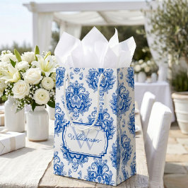 Blaues französisches Damast-Toile-Muster Name Mono Kleine Geschenktüte