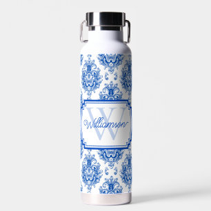 Blaues französisches Damast-Toile-Muster Name Mono Trinkflasche
