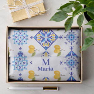 Blaues französisches Land-Lemonen-Muster Monogramm Seidenpapier