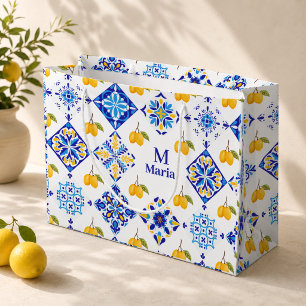 Blaues französisches Land-Limonen-Muster Monogramm Große Geschenktüte