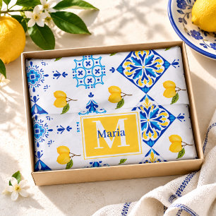 Blaues französisches Land-Limonen-Muster Monogramm Seidenpapier