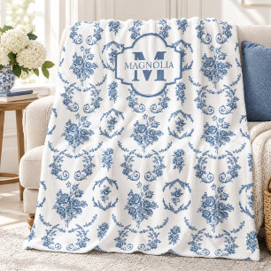 Blaues französisches Toile-Blumenmuster-Monogramm Fleecedecke