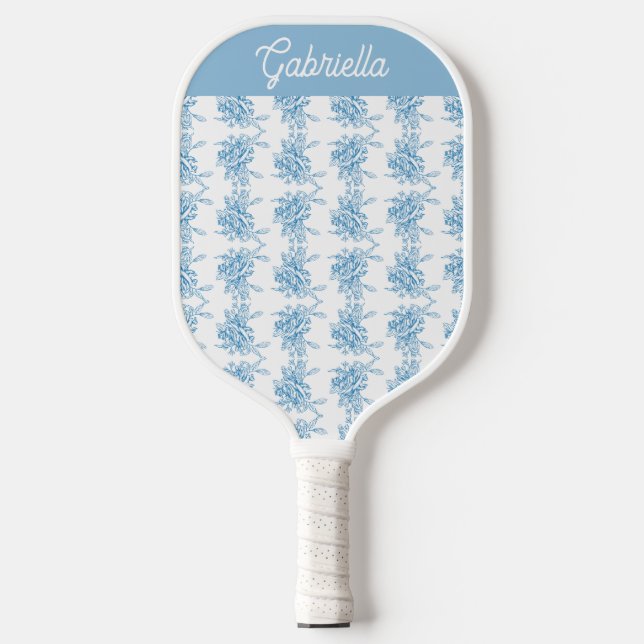Blaues französisches Toile-Blumenmuster Name Pickleball Schläger (Vorderseite)