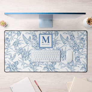 Blaues französisches Toile de Jouy Monogramm Name Schreibtischunterlage