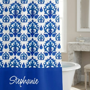 Blaues französisches Toile-Muster Namens-Monogramm Duschvorhang