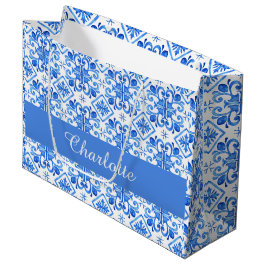 Blaues französisches Toile-Mustername-Seidenpapier Große Geschenktüte