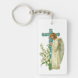 Blaues geblühtes christliches Kreuz Schlüsselanhänger