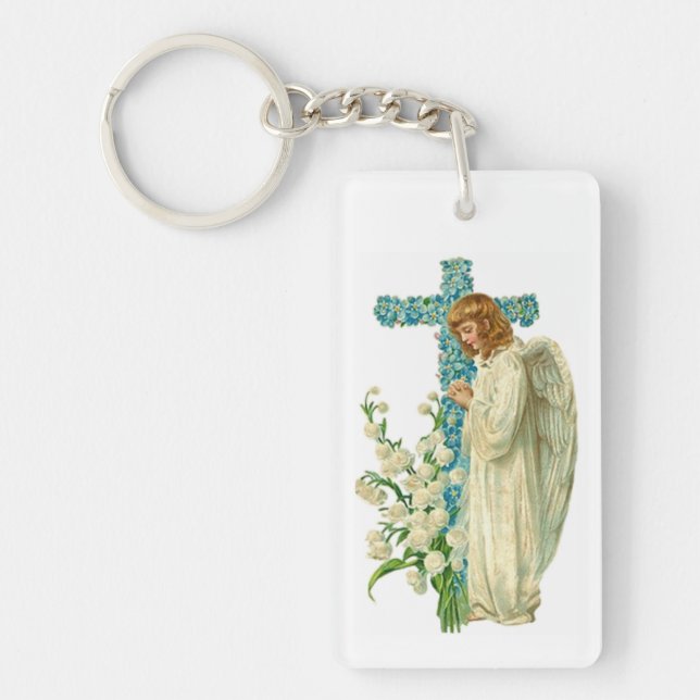 Blaues geblühtes christliches Kreuz Schlüsselanhänger (Vorderseite)