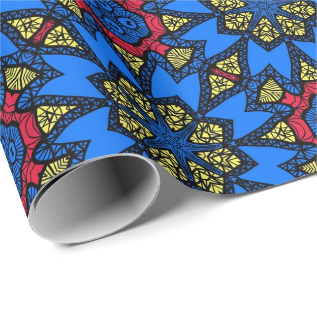 Blaues gelbes afrikanisches Stammesmuster Geschenkpapier (Rolleneckpunkt)