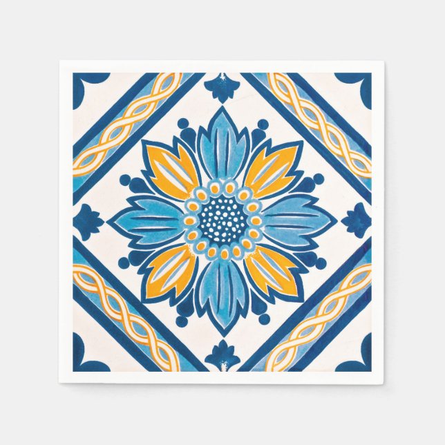Blaues Gelbes Azulejo Mediterranes Party Serviette (Vorderseite)