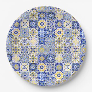 Blaues & gelbes Azulejo-Portugiesisches-Majolika-M Pappteller