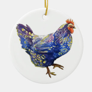 Blaues gelbes Huhn-Aquarell malend dekorativ Keramik Ornament