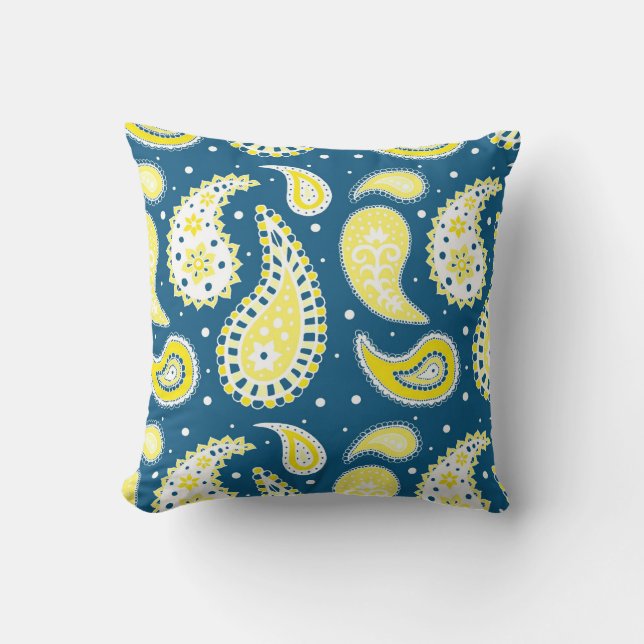 Blaues gelbes Paisley-Muster-dekoratives Kissen (Vorderseite)