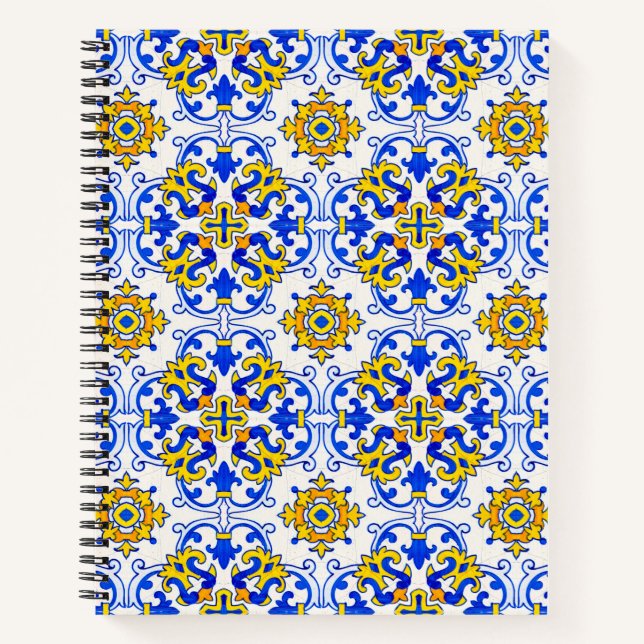Blaues Gelbes Portugiesisches Azulejo Nahtloses Mu Notizbuch (Vorderseite)