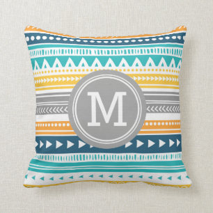 Blaues gelbes Stammes- Monogramm-dekoratives Kissen