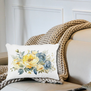Blaues gelbes Wasserfarben florales Schlafzimmer W Dekokissen