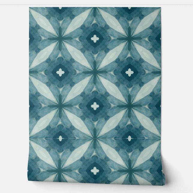Blaues geometrisches Blumenmuster Tapete (Abrollen)