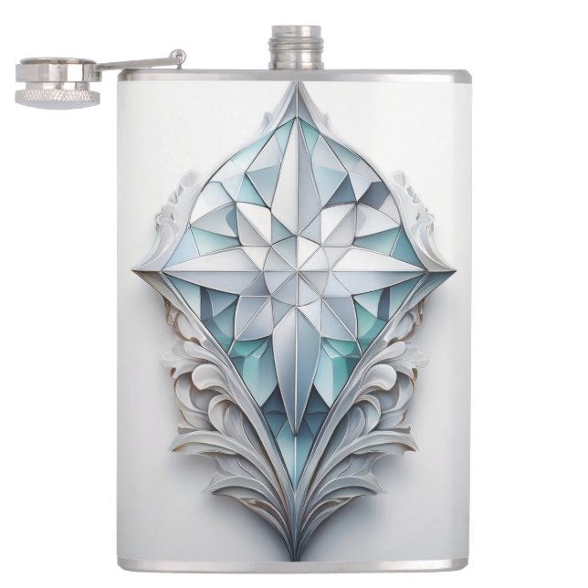 Blaues geometrisches Dekorkreuz Flachmann (Geöffnet)