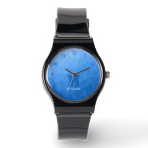 Blaues geometrisches Maschenmuster Monogram Armbanduhr