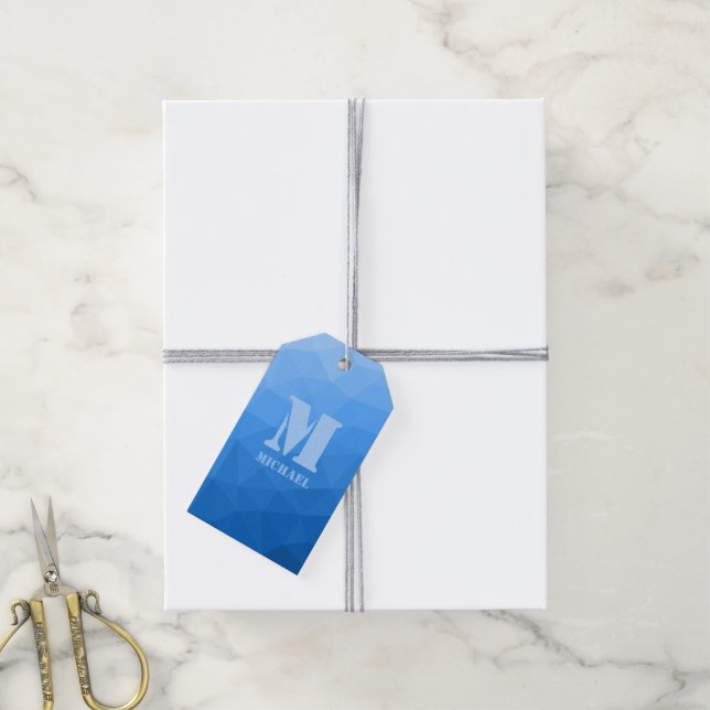 Blaues geometrisches Maschenmuster Monogram Geschenkanhänger (Mit Garn)