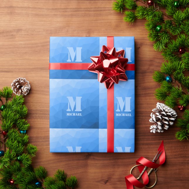 Blaues geometrisches Maschenmuster Monogram Geschenkpapier (Feiertagsgeschenk)