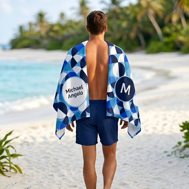 Blaues geometrisches Mosaik Bauhaus Monogramm benu Strandtuch (Von Creator hochgeladen)