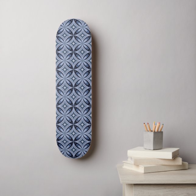 Blaues geometrisches Muster im Retro-Stil Skateboard (Wandkunst)
