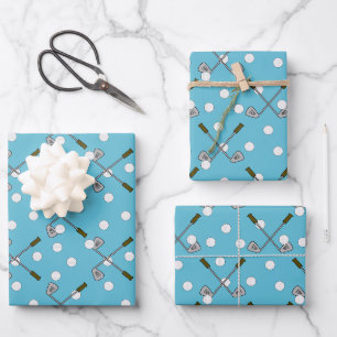 Blaues Geschenkpapier mit Golfball-/Schläger-Muste Set