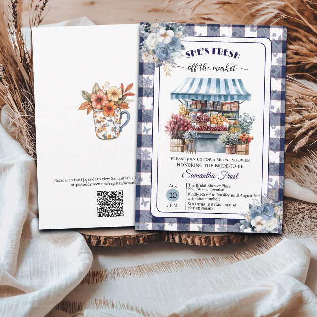 Blaues Gingham Außer Handel QR-Code Brautparty  Einladung (Von Creator hochgeladen)