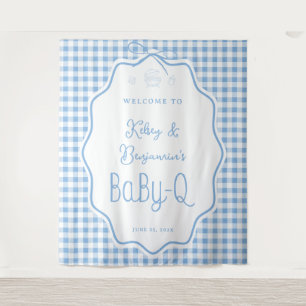 Blaues Gingham-Barbecue-Baby-Q-Baby-Shower-Willkom Wandteppich