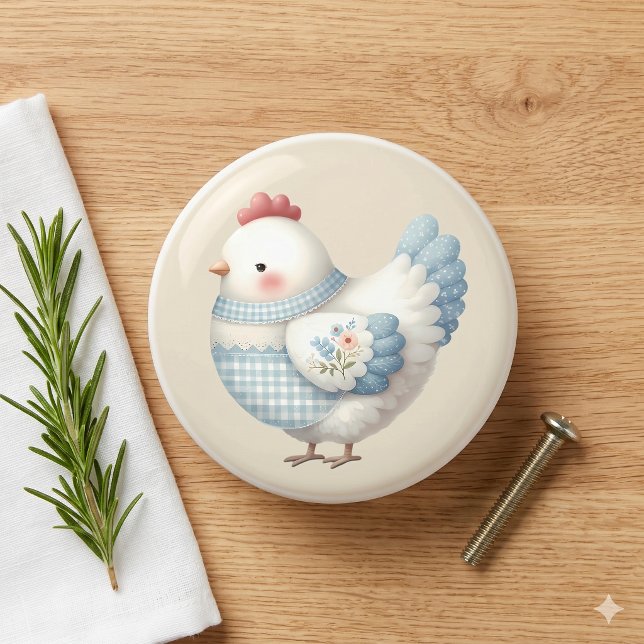 Blaues Gingham-Haus-Huhn Keramikknauf (Blue Gingham Cottage Hen Ceramic Knob)