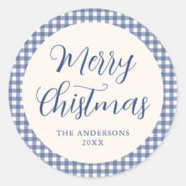 Blaues Gingham Karo Frohe Weihnachten Schriftzug C Runder Aufkleber
