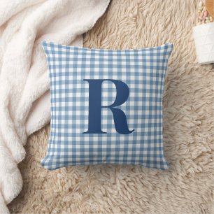 Blaues Gingham Modernes Monogramm Kissen