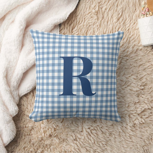 Blaues Gingham Modernes Monogramm  Kissen (Decke)