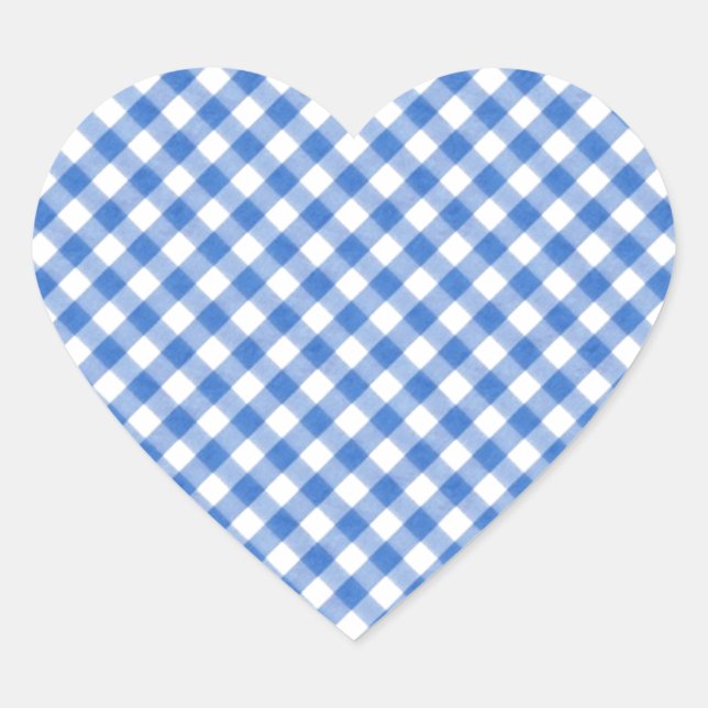 Blaues Gingham-Muster Herz-Aufkleber (Vorderseite)