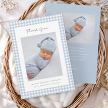 Blaues Gingham-Muster Jungen Baby Danke Karte