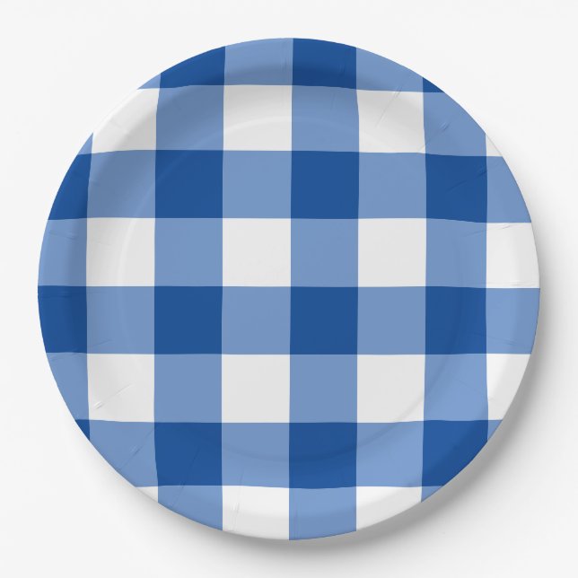 Blaues Gingham-Muster Pappteller (Vorderseite)