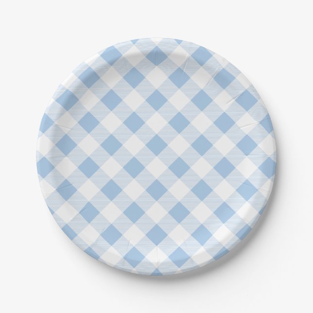 Blaues Gingham-Muster, Picknick, BBQ-Papierplatte Pappteller (Vorderseite)