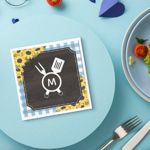 Blaues Gingham & Sonnenblumen Rustikale Monogrammi Serviette
