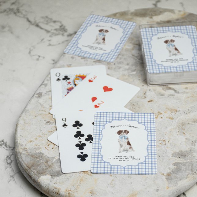 Blaues Gingham | Spaniel-Hundeillustration Hochzei Spielkarten (Von Creator hochgeladen)
