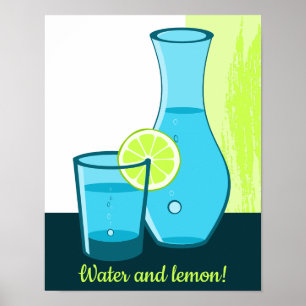 Blaues Glas & Karaffe - Wasser und Zitrone! Poster