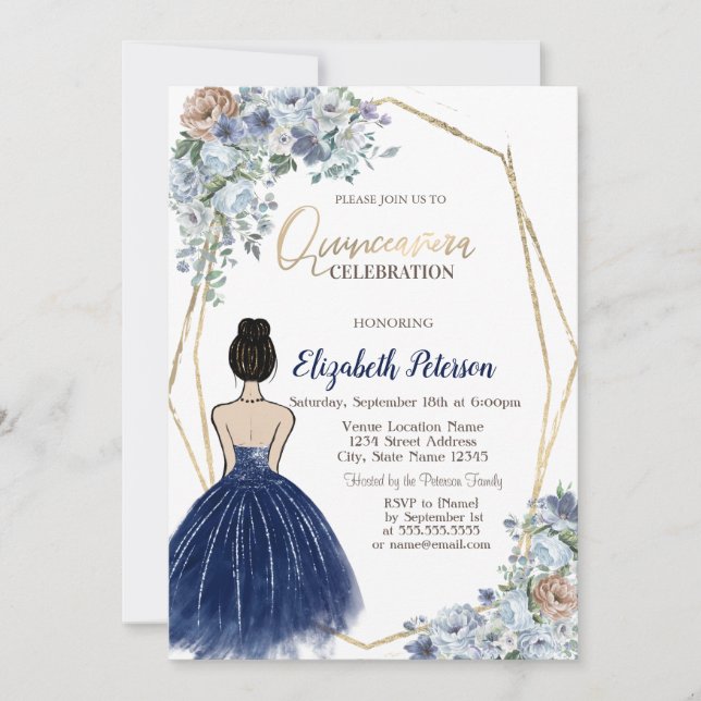 Blaues Glitzer, blaue Blumen, Quinceanera Einladung (Vorderseite)