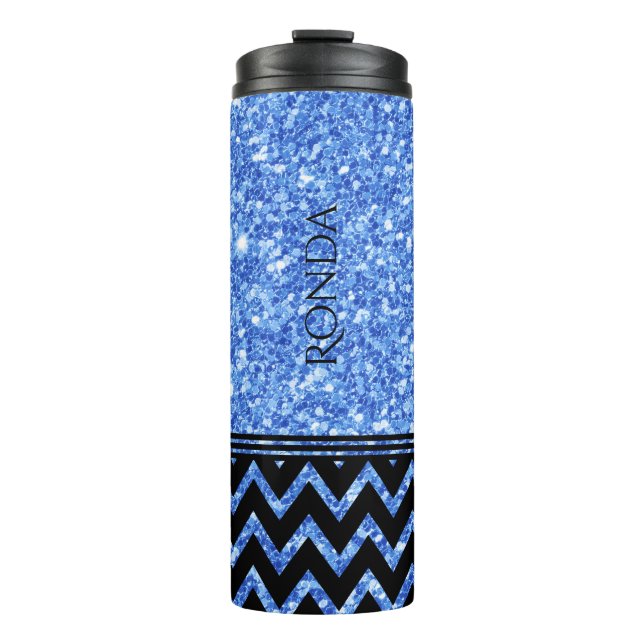 Blaues Glitzer Muster und Zickzack Schwarzes Muste Thermosbecher (Vorderseite)