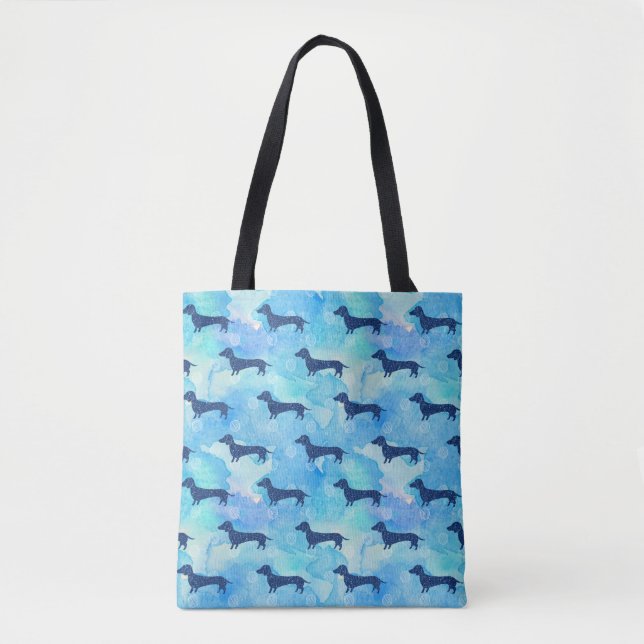 Blaues Glitzerwatercolor-Dackel-Muster Tasche (Vorderseite)