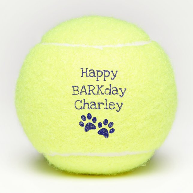 Blaues glückliches Barkday Tennisbälle (Vorderseite)