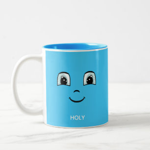 Blaues glückliches Gesicht mit personalisiertem Te Zweifarbige Tasse