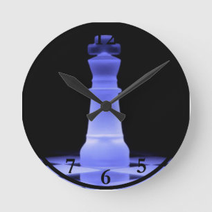 Blaues glühendes Stück König-Schach Runde Wanduhr